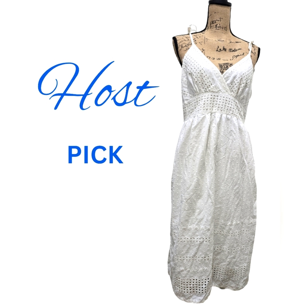 Jonathan Martin White Eyelet Midi Dress w/Spaghetti Straps& Smocked Waist-Size14